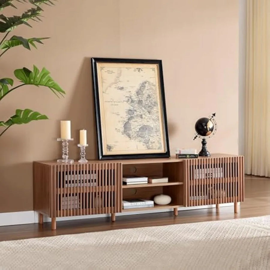 Dresden Collection | Grand Slatted Walnut Media Console - showcasing full sculptural form and curated finish in a Mid-Century Modern entryway setting.
