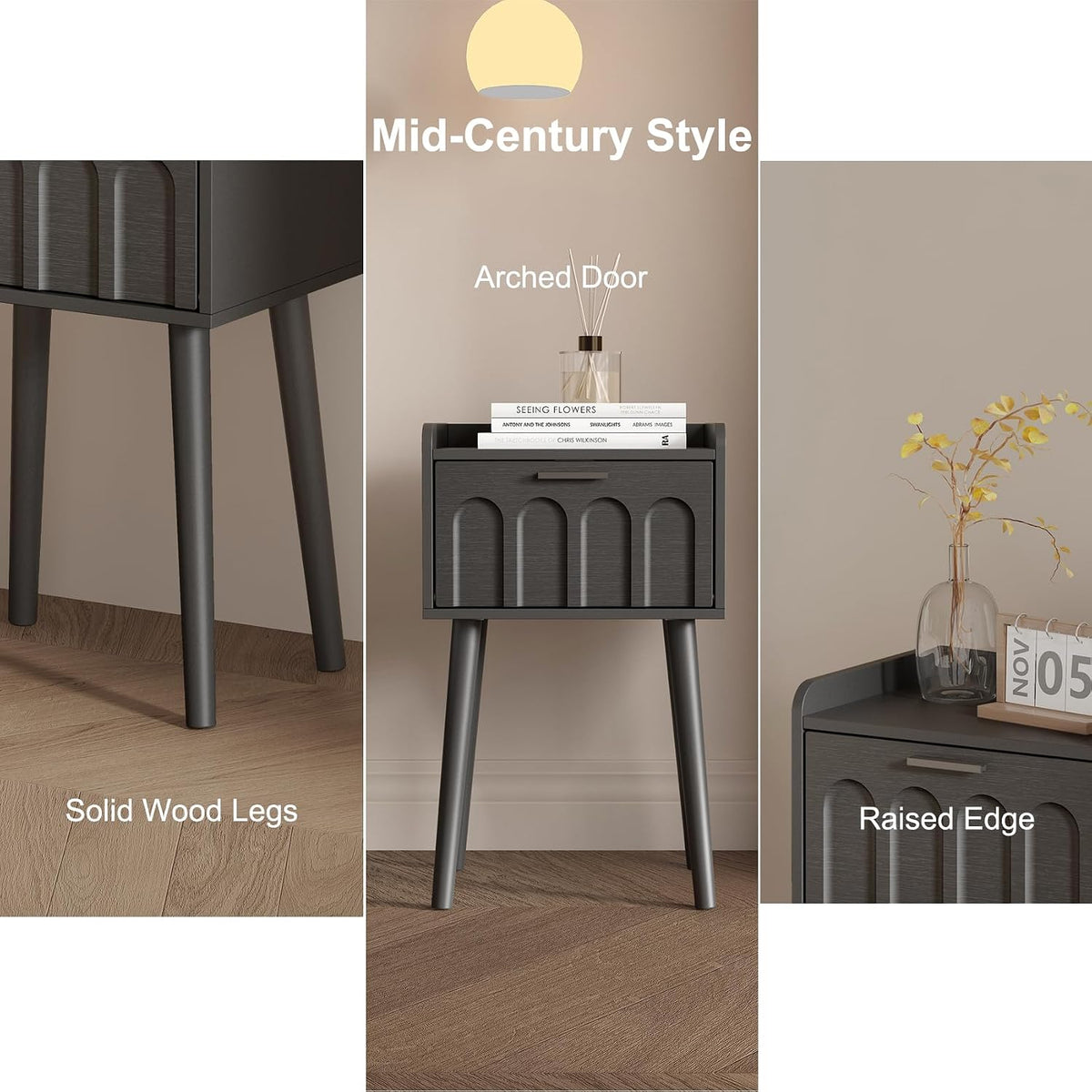 Nightstand Set of 2, Mid- Century Small Side End Table with Arced Door, Bedside Tables with Solid Wood Legs for Bedroom, Living Room (Black)