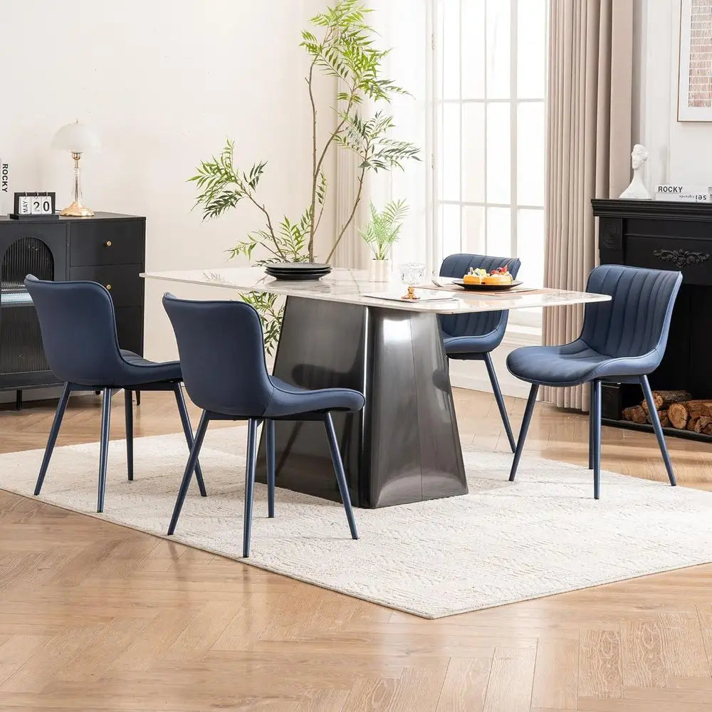 Kensington Collection | Geometric Leather-Wrapped Navy Leatherette Dining Chair - showcasing full sculptural form and curated finish in a Mid-Century Modern dining room setting.