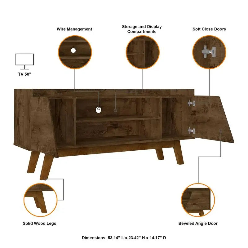 Dresden Collection | Floating Brass-Accented Walnut TV Stand - styled from an alternate angle revealing dimensional depth in a Mid-Century Modern living room setting.