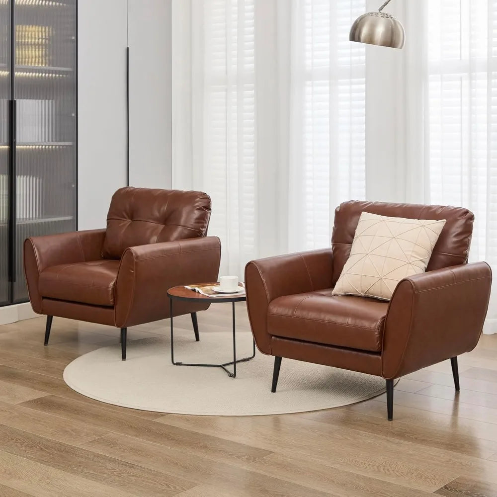 Ellington Collection | Geometric Leather-Wrapped Rich Cognac Leather Accent Chairs - showcasing full sculptural form and curated finish in a Mid-Century Modern living room setting.