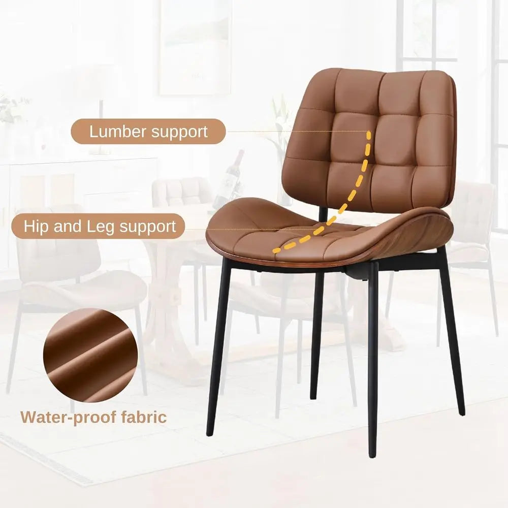 Fontaine Collection | Sculptural Chrome-Detailed Cognac Leather Dining Set - styled from an alternate angle revealing dimensional depth in a Mid-Century Modern dining room setting.
