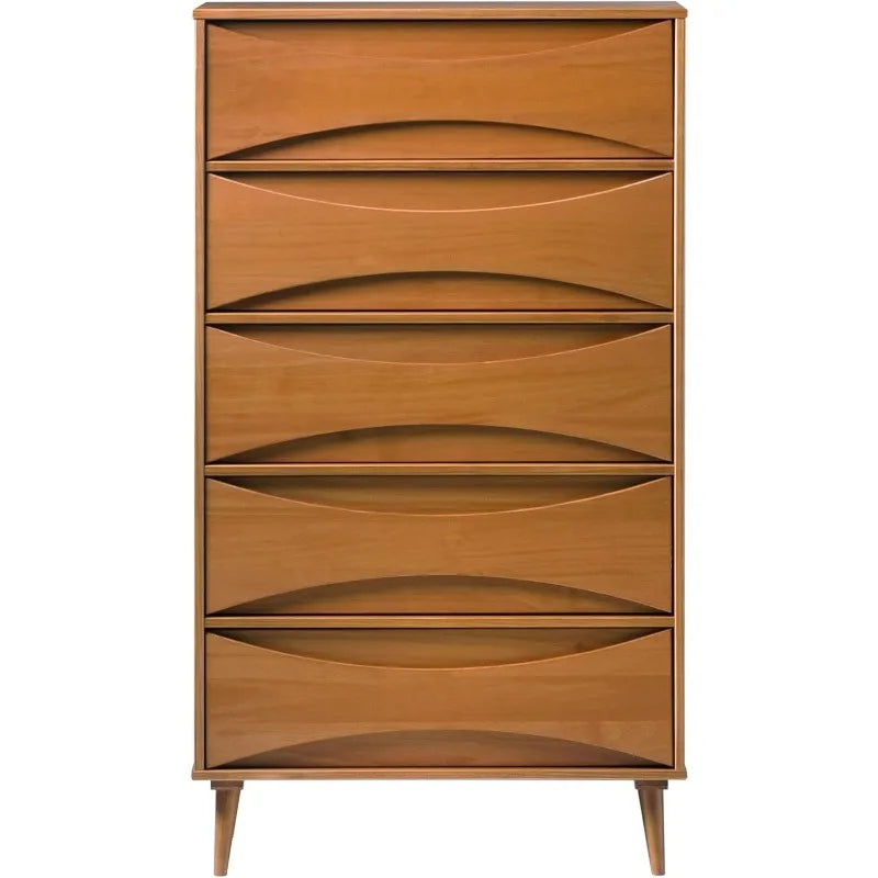 Dresden Collection | Geometric Brass-Accented Caramel-Finished Solid Wood Dresser - showcasing full sculptural form and curated finish in a Mid-Century Modern bedroom setting.