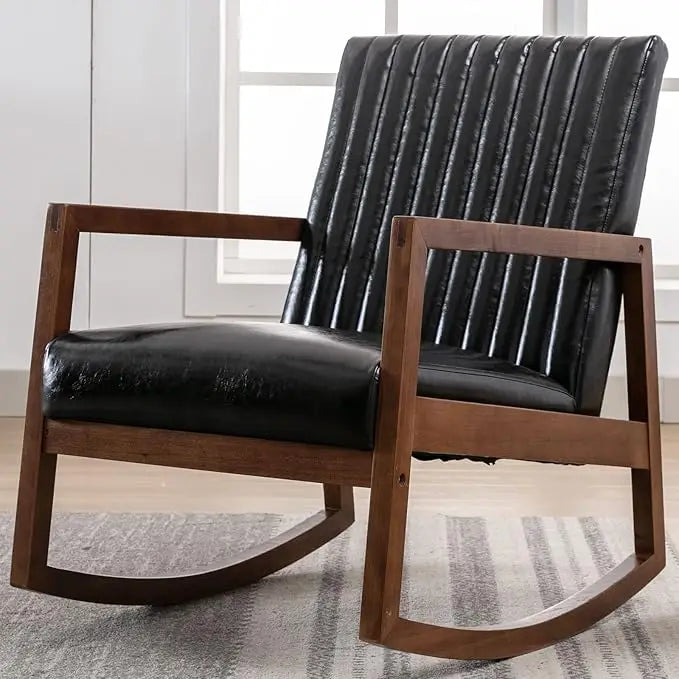 Mid-Century Modern Upholstered Linen Rocking Chair with Light Walnut Frame