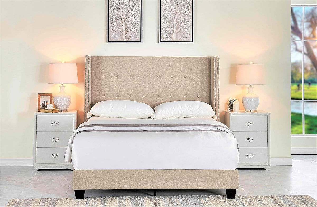 Modern Panel Upholstered Platform Bed, Queen Size, Beige