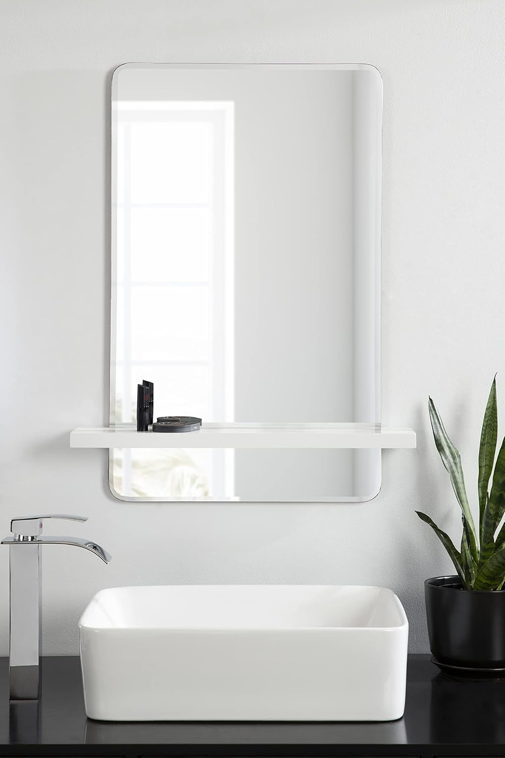 Fossett Frameless Rectangle Wall Mirror, 18 X 30, White, Decorative Functional Mirror with Shelf for Storage and Display