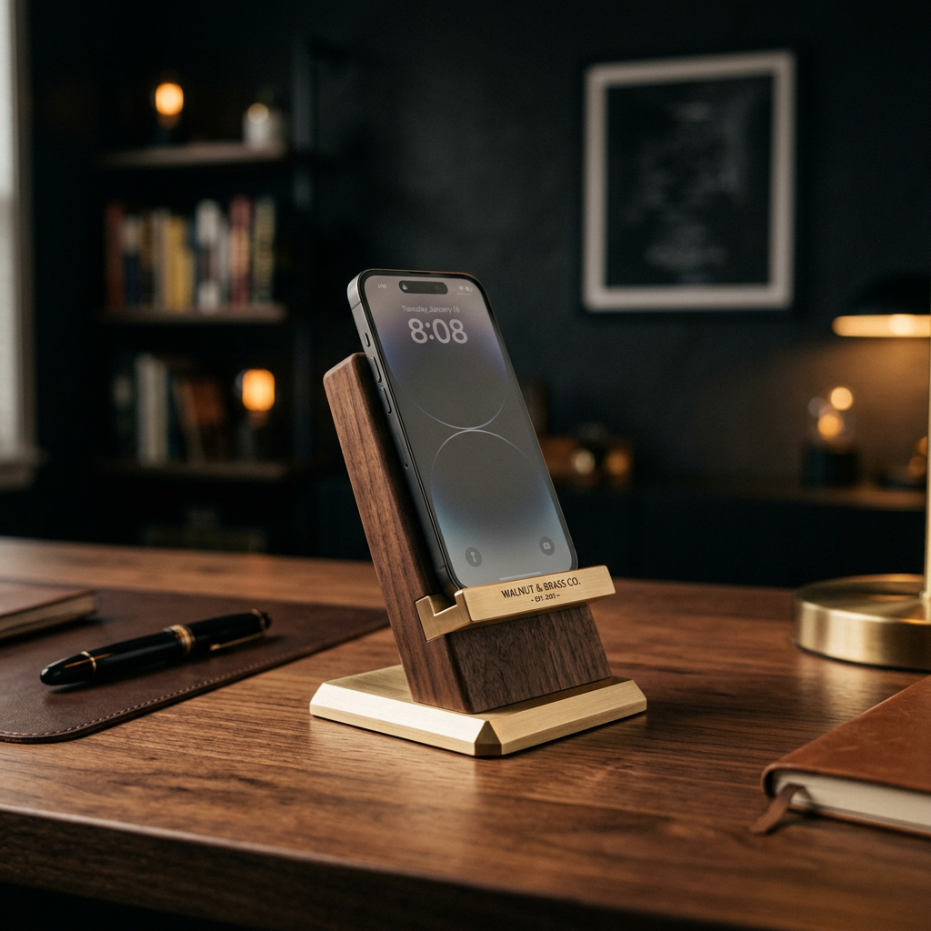 Walnut & Brass Smartphone Stand | OakyBlocks Collection - Cinematic lifestyle photo in a mid-century modern setting.