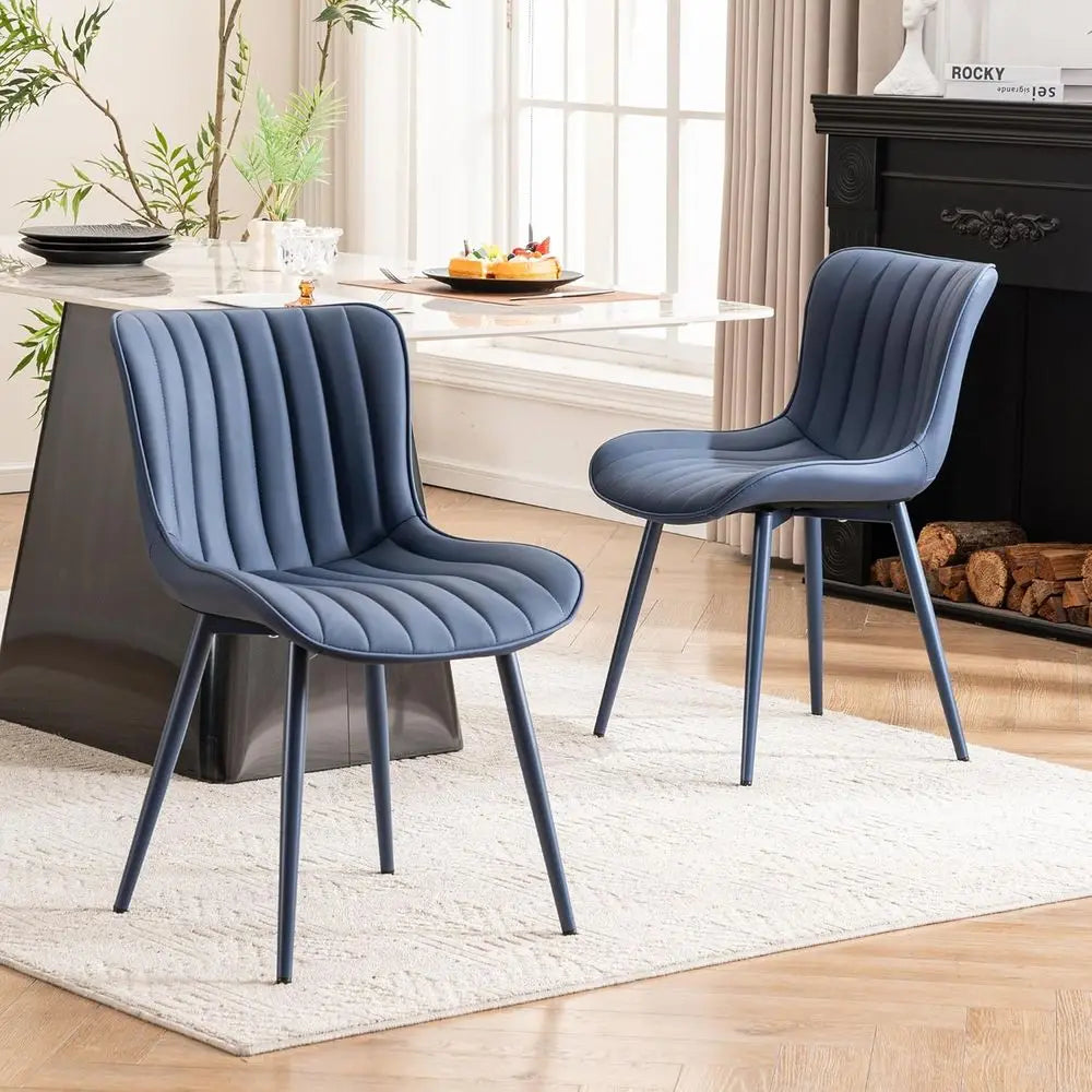 Kensington Collection | Geometric Leather-Wrapped Navy Leatherette Dining Chair - featuring close-up joinery and artisanal finish quality in a Mid-Century Modern dining room setting.