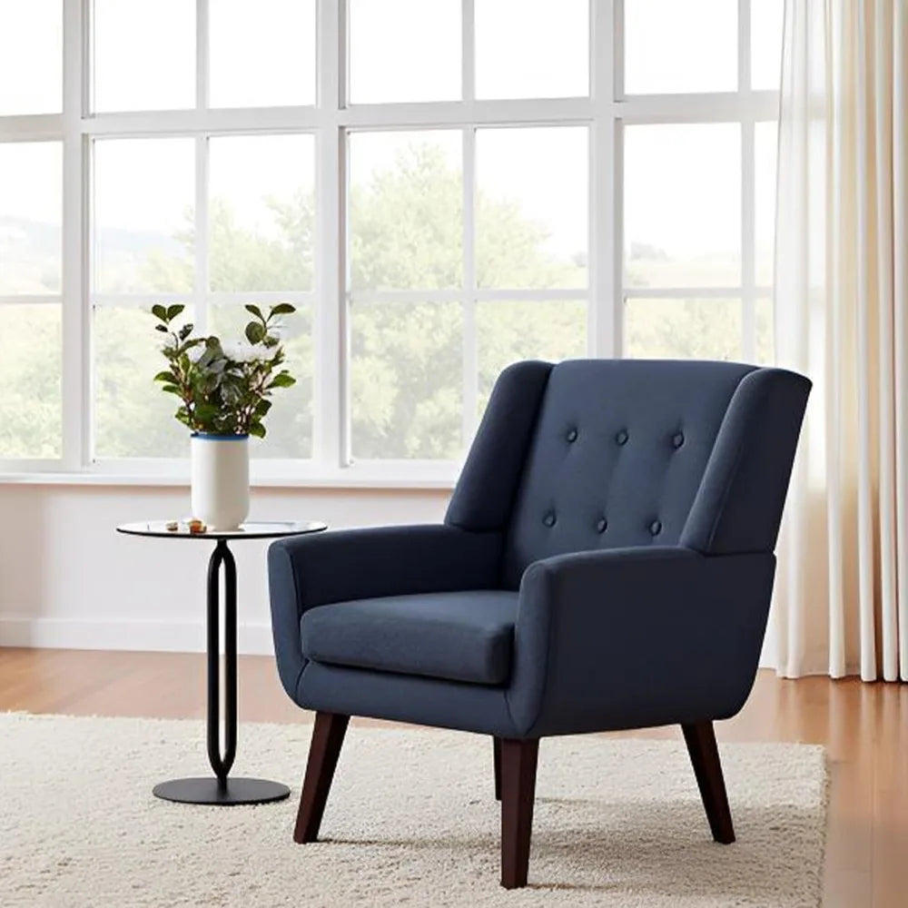 Fontaine Collection | Sculptural Atomic-Era Linen Tufted Accent Chair - revealing tonal warmth and surface patina under ambient light in a Mid-Century Modern living room setting.