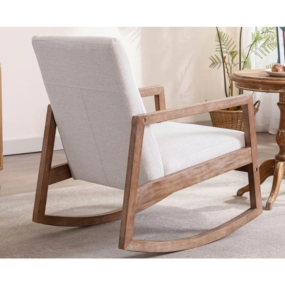 Mid-Century Modern Upholstered Linen Rocking Chair with Light Walnut Frame