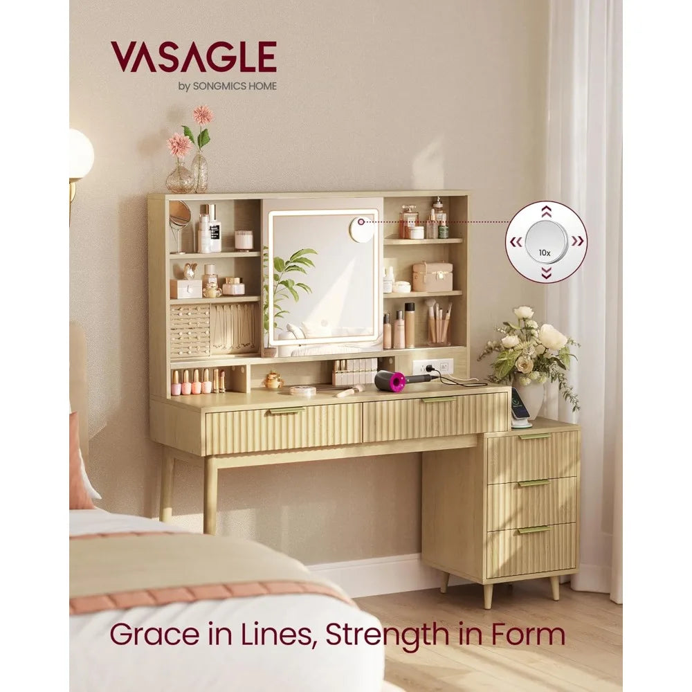 Dresden Collection | Geometric Atomic-Era Walnut Vanity Desk - captured in a curated lifestyle vignette in a Mid-Century Modern bathroom setting.