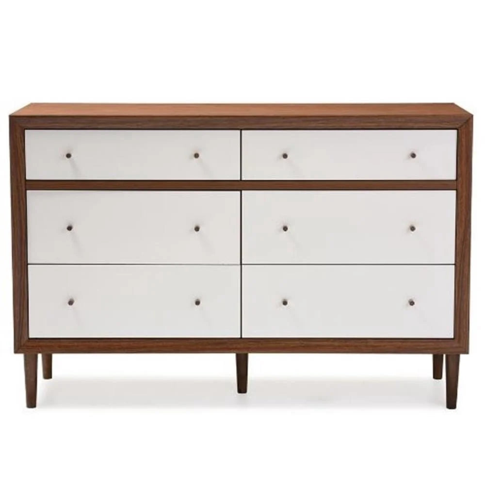 Baxton Studio Harlow Mid-Century Modern Scandinavian Style White and Walnut Wood 6-Drawer Storage Dresser