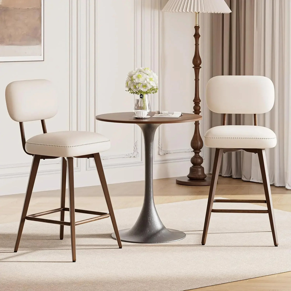 Dresden Collection | Geometric Brass-Accented Beige Swivel Barstools - featuring close-up joinery and artisanal finish quality in a Mid-Century Modern dining room setting.