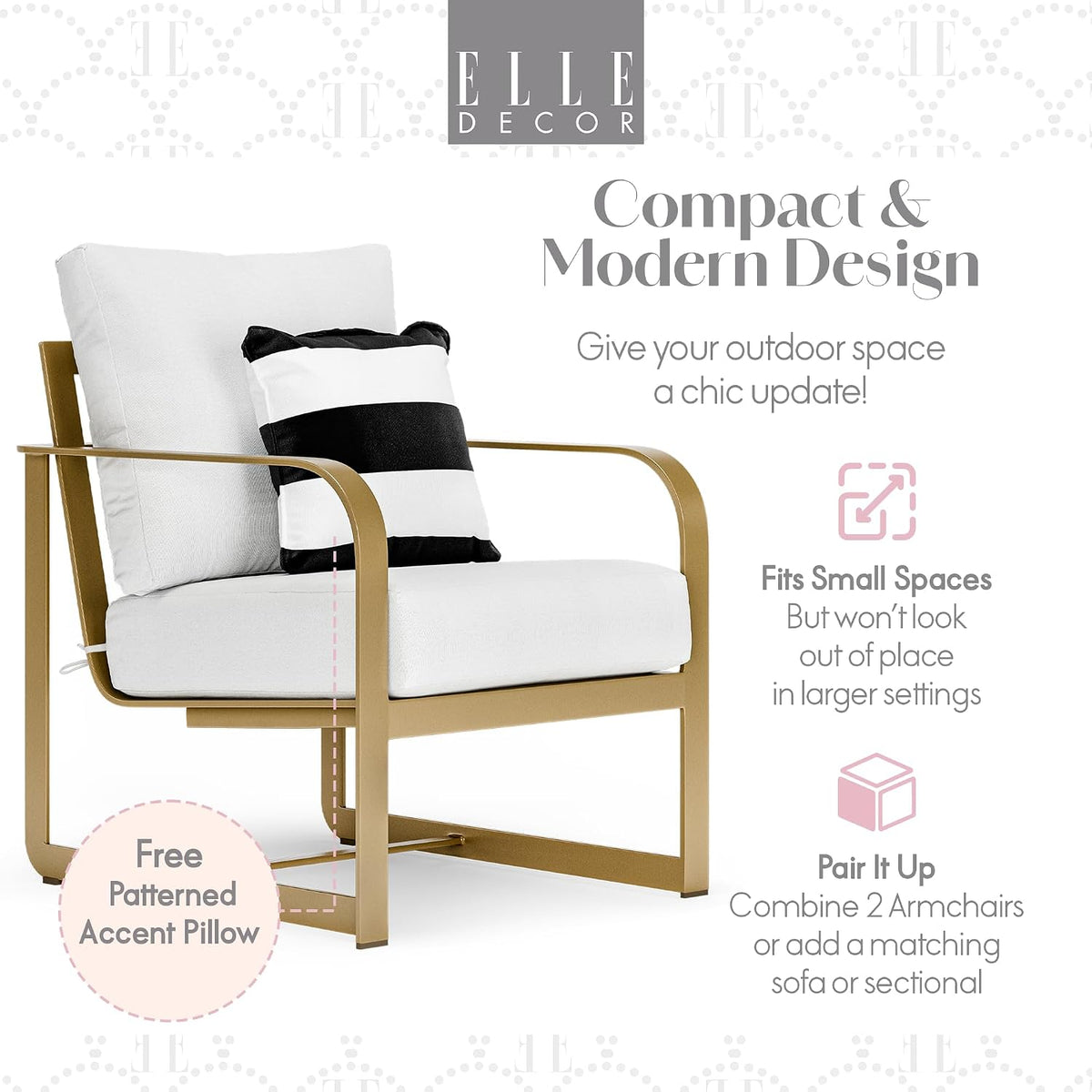 Mirabelle Modern Outdoor Patio Modular Furniture Collection, White or Gold Frame, Arm Chair