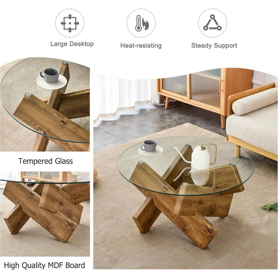 Fontaine Collection | Floating Glass-Top Tempered Glass Coffee Table - showcasing full sculptural form and curated finish in a Mid-Century Modern living room setting.
