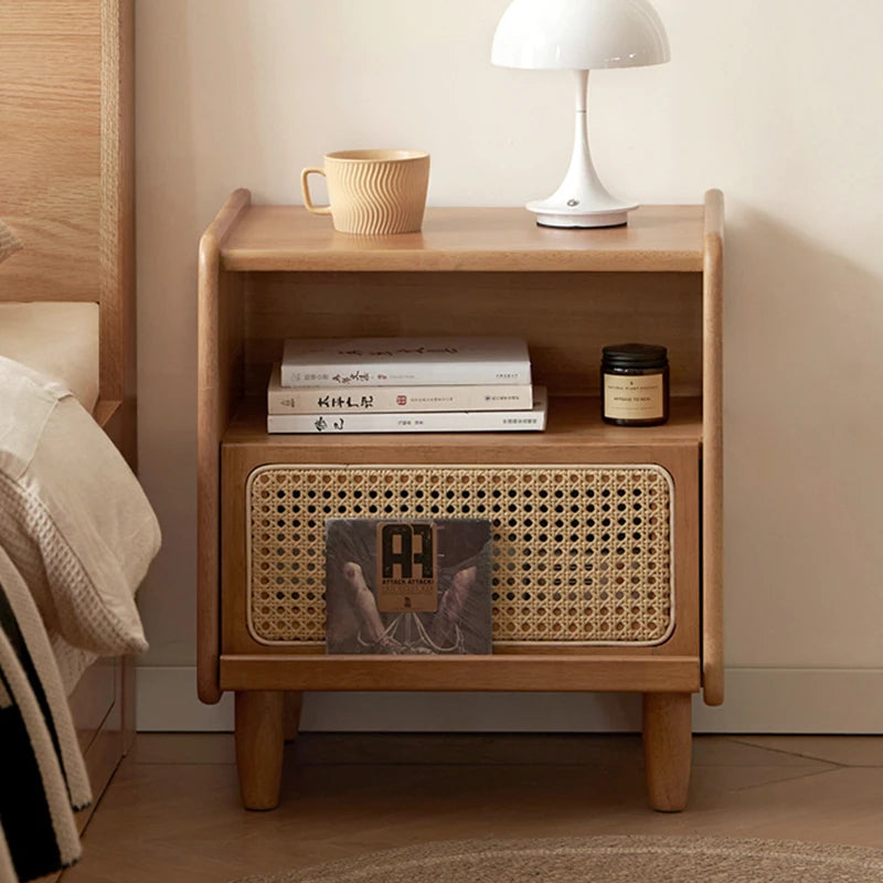 Dresden Collection | Streamlined Atomic-Era Lacquered Walnut Nightstands - framed in an editorial still-life composition in a Mid-Century Modern bedroom setting.