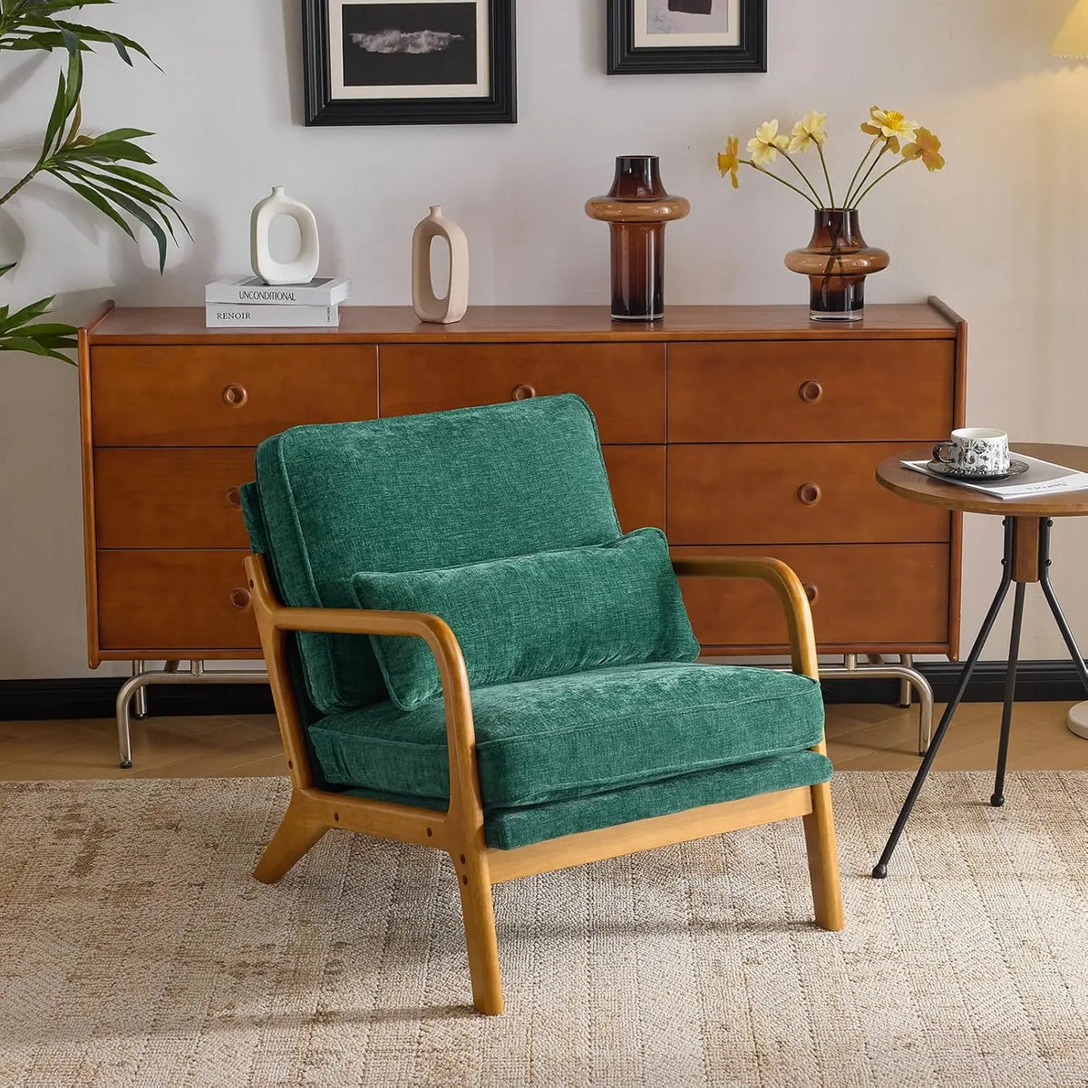 Valencia Collection | Sculptural Desert-Modern Chenille Accent Chair - framed in an editorial still-life composition in a Mid-Century Modern living room setting.