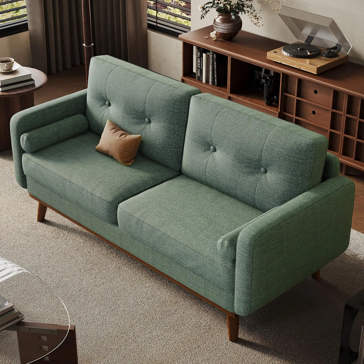 Ellington Collection | Leather-Wrapped Walnut Loveseat - highlighting material texture and craftsmanship detail in a Mid-Century Modern living room setting.