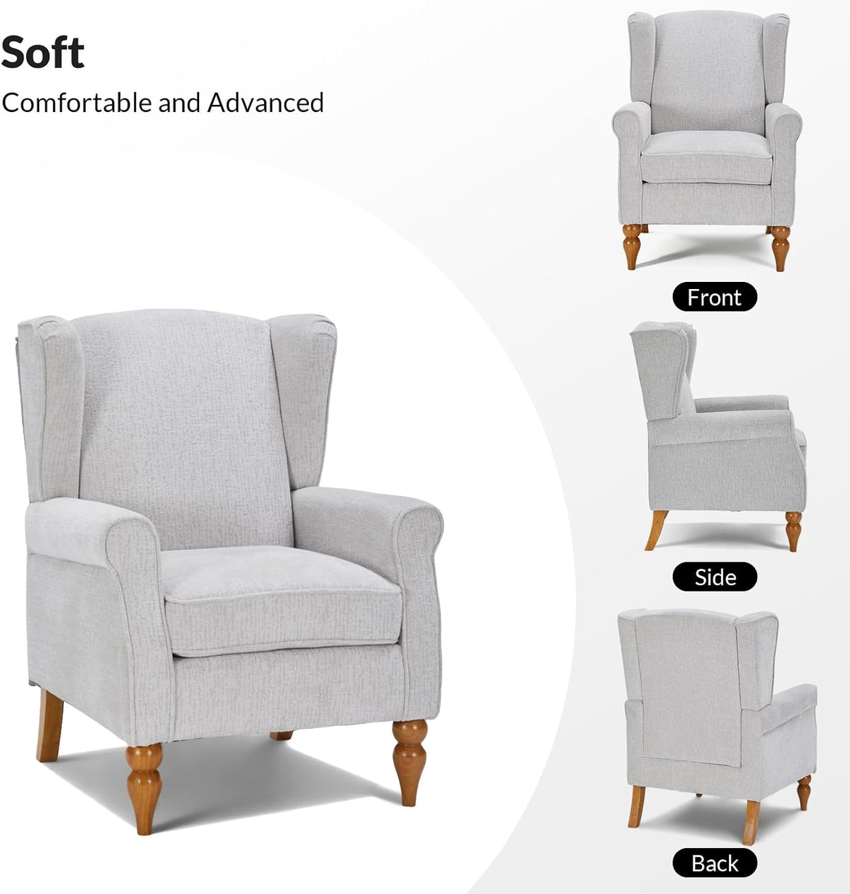 High Wingback Chairs with Table - Midcentury Modern Accent Chair for Living Room, Upholstered Armchair with Solid Legs, Light Grey Living Room Chairs for Living Room, Bedroom, Balcony