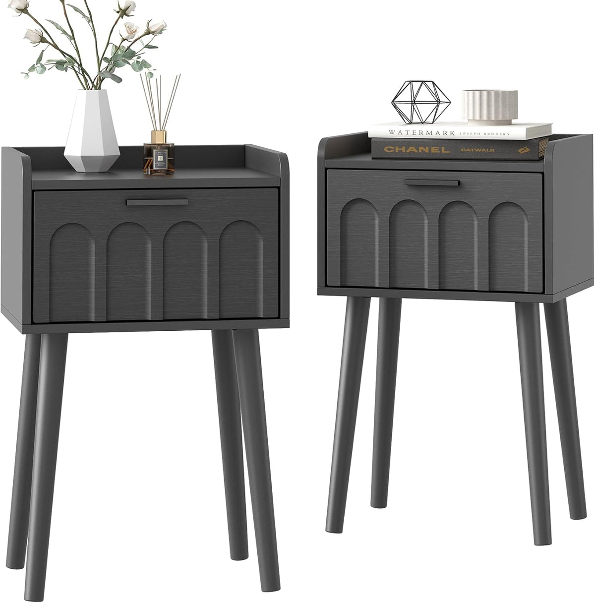 Nightstand Set of 2, Mid- Century Small Side End Table with Arced Door, Bedside Tables with Solid Wood Legs for Bedroom, Living Room (Black)