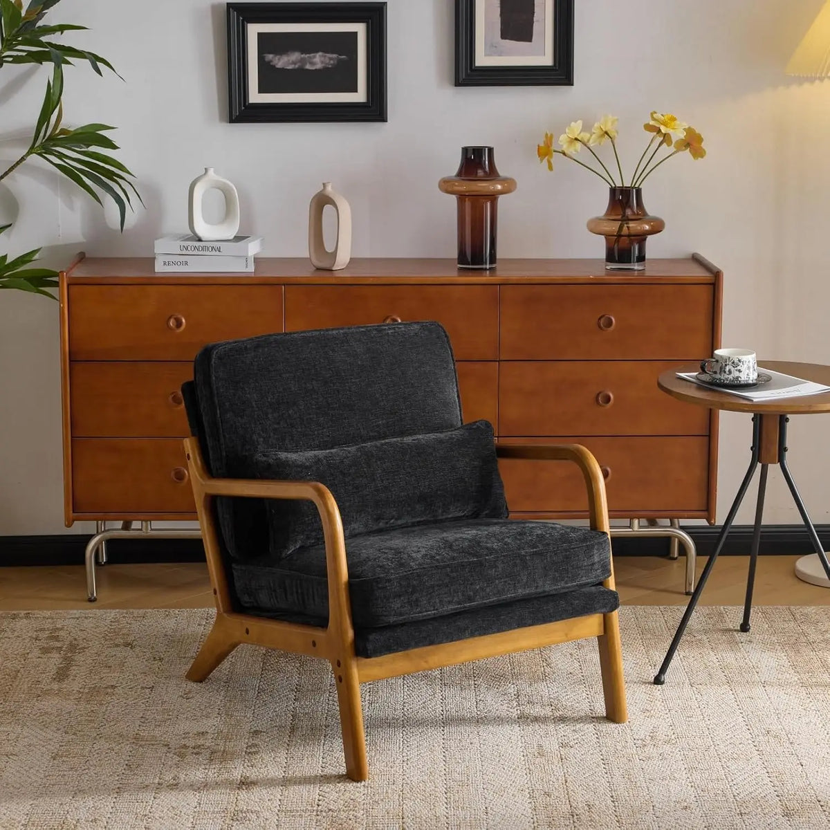 Valencia Collection | Sculptural Desert-Modern Chenille Accent Chair - detail view 18 revealing design nuance in a Mid-Century Modern living room setting.
