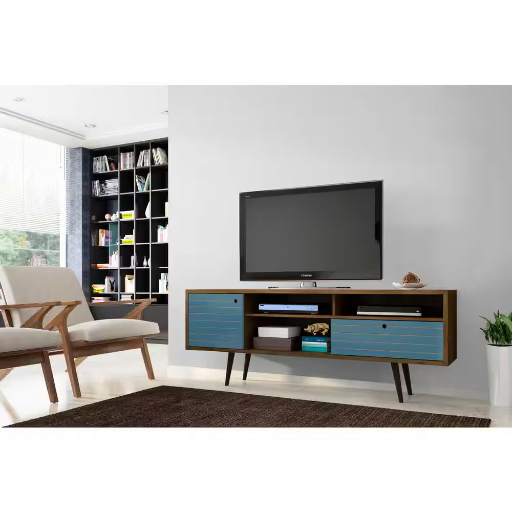 Liberty 70.86 In. Rustic Brown and Aqua Blue TV Stand Fits Tvs up to 65 In. with Storage Doors and Cable Management