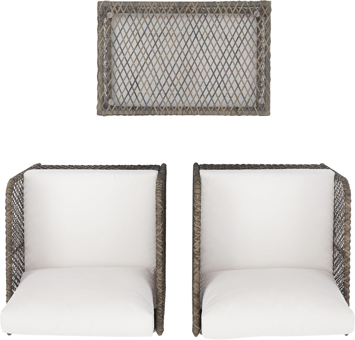 Granite Bay 3-Piece Outdoor Chair and Coffee Table, Modern Wicker Patio Furniture, Porch, Deck, Creme