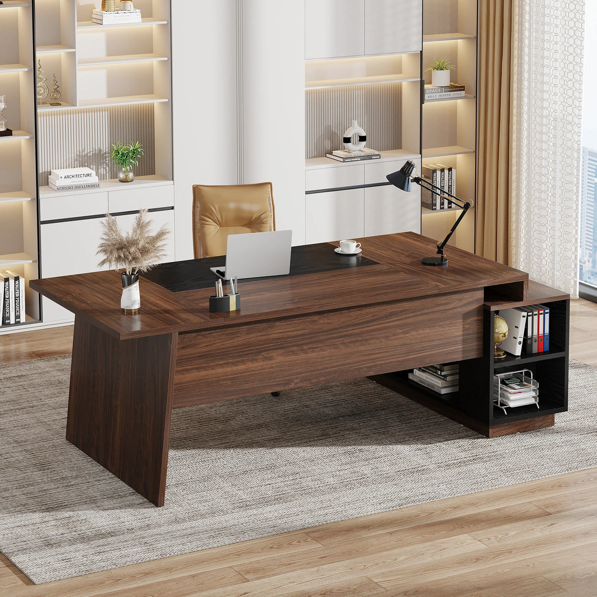 Dresden Collection | Petite Floating Walnut Executive Desk - exhibiting shadow play and geometric silhouette detail in a Mid-Century Modern home office setting.