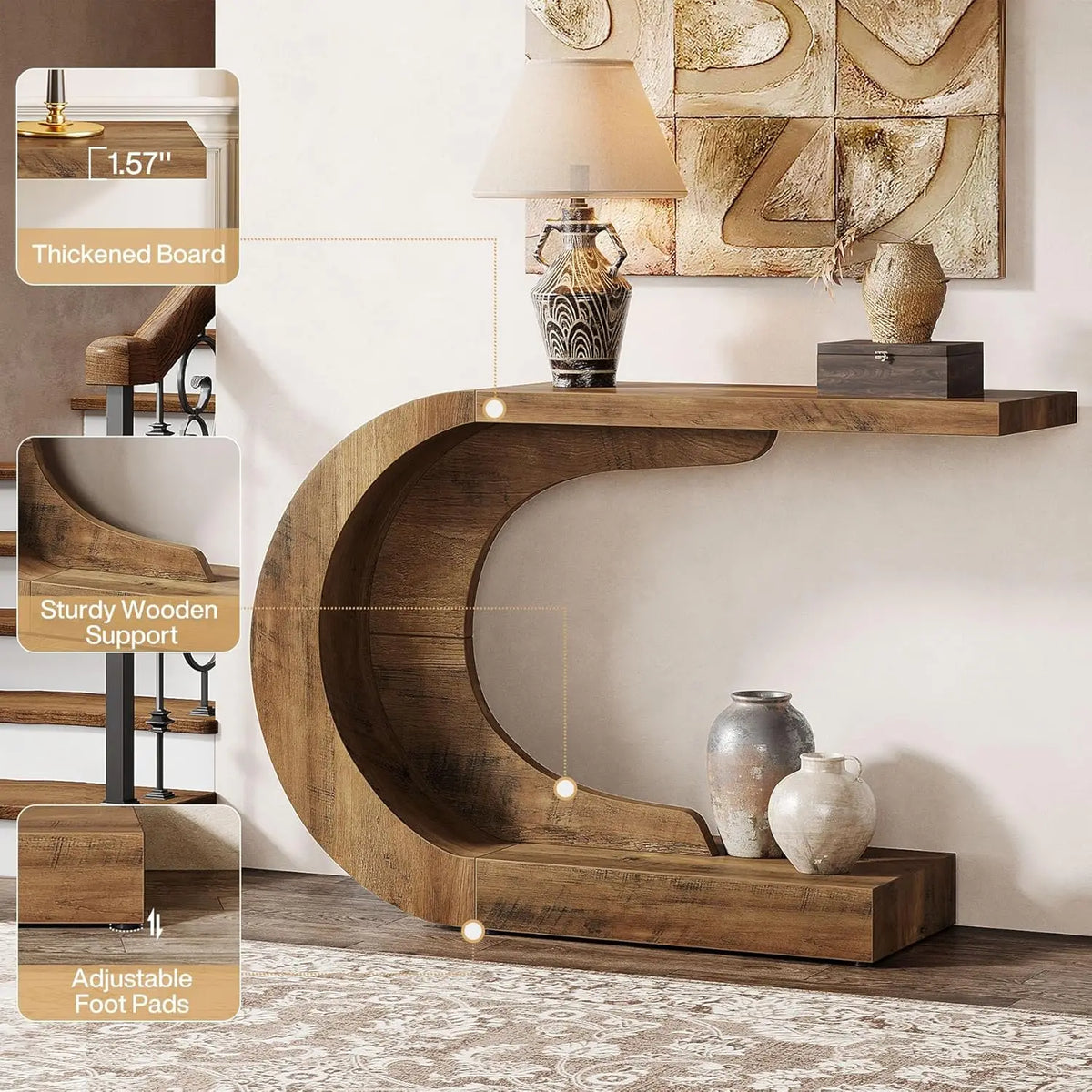 Dresden Collection | Sculptural C-Frame Walnut Console - featuring close-up joinery and artisanal finish quality in a Mid-Century Modern entryway setting.