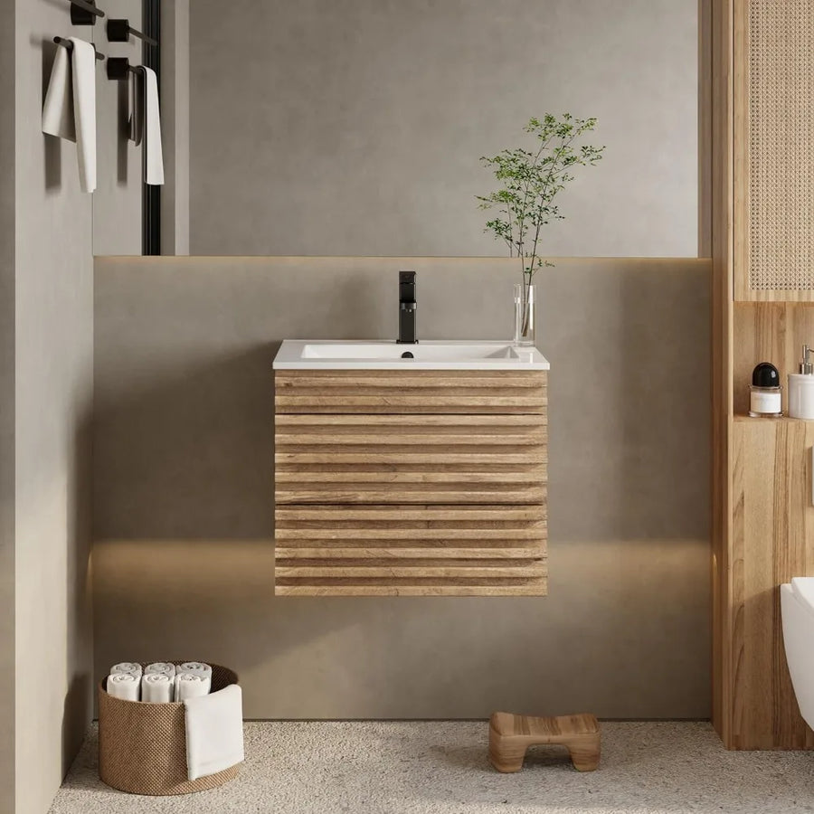 Dresden Collection | Floating California Floating Walnut Vanity - showcasing full sculptural form and curated finish in a Mid-Century Modern bathroom setting.