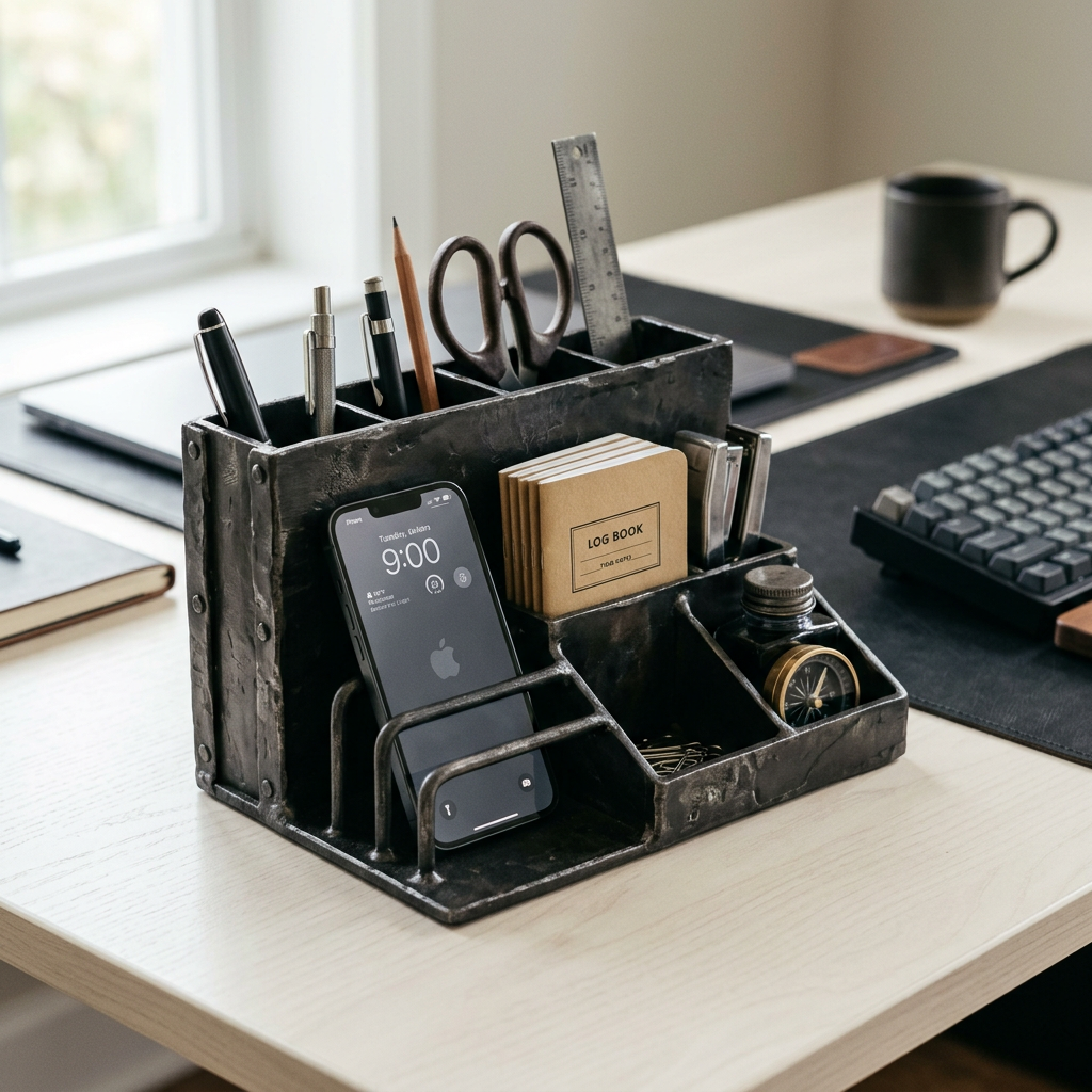 Industrial Iron Desk Organizer | Belmont Collection - Forged heavy-gauge iron structured discipline.