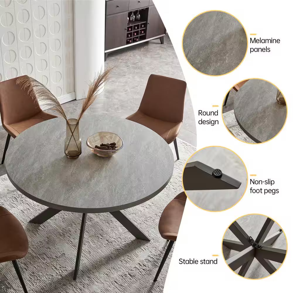 47.2 In. round Gray Mid Century Modern Dining Table for 4-6 Person with Steel Legs(Seats 4)