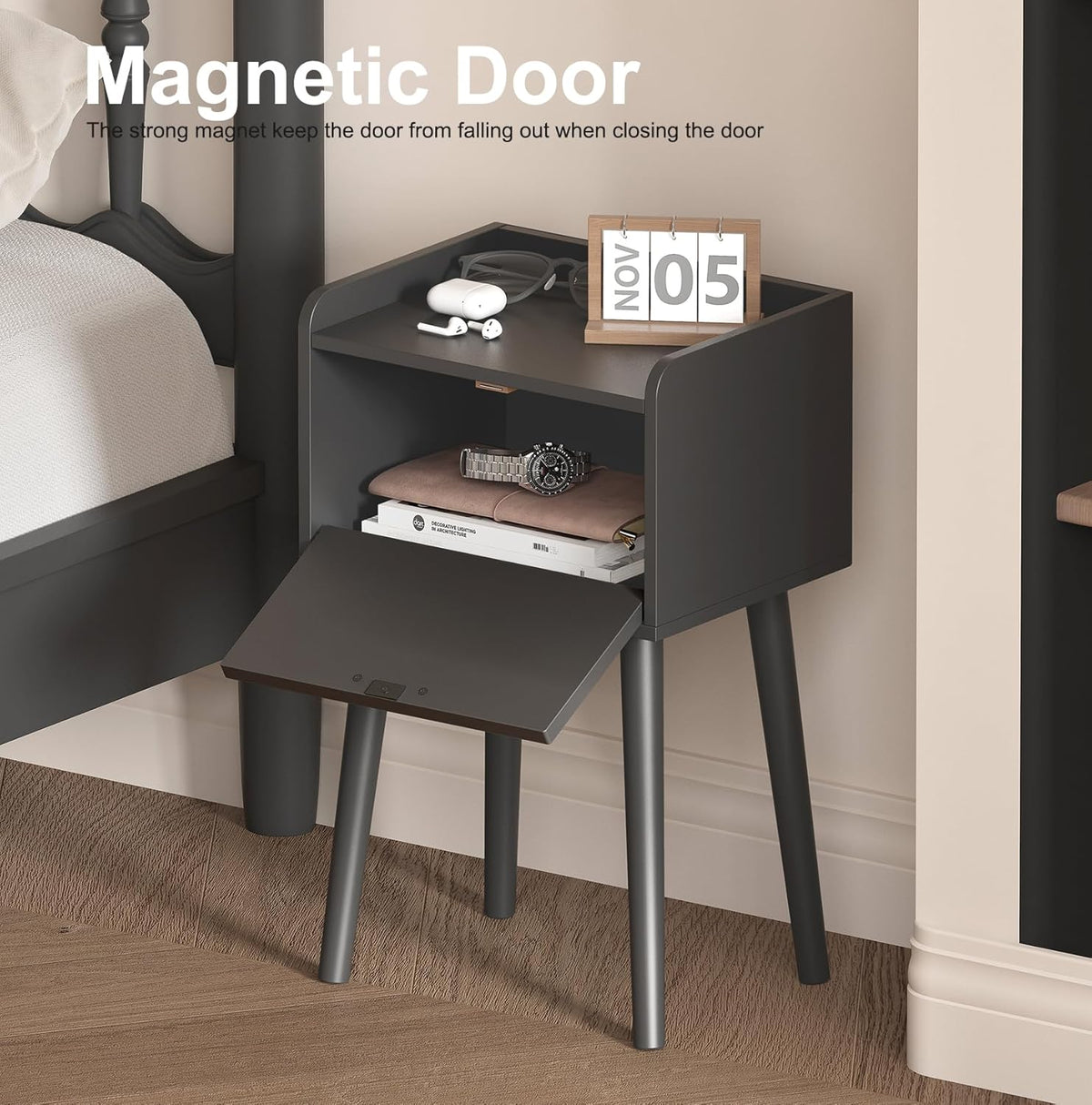 Nightstand Set of 2, Mid- Century Small Side End Table with Arced Door, Bedside Tables with Solid Wood Legs for Bedroom, Living Room (Black)