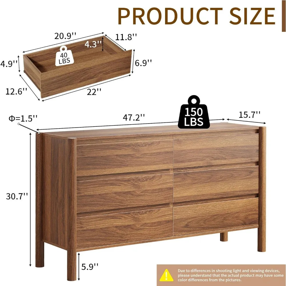 Belmont Collection | Tapered-Leg Desert-Modern Walnut 6-Drawer Dresser - featuring close-up joinery and artisanal finish quality in a Mid-Century Modern bedroom setting.