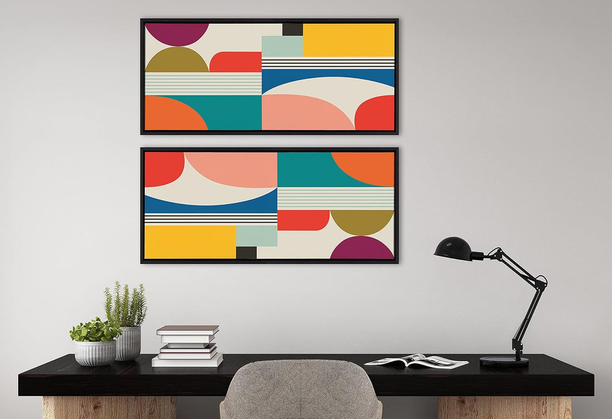 Sylvie Mid Century Modern Pattern Framed Canvas Wall Art by Rachel Lee of My Dream Wall, 18X40 Black, Colorful Abstract Art Print for Wall