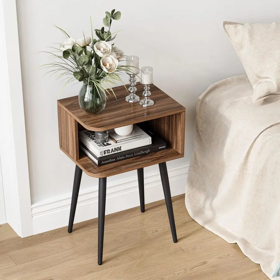 Cordoba Collection | Low-Profile Brass-Accented Walnut Nightstands - Set of 2 - highlighting material texture and craftsmanship detail in a Mid-Century Modern bedroom setting.