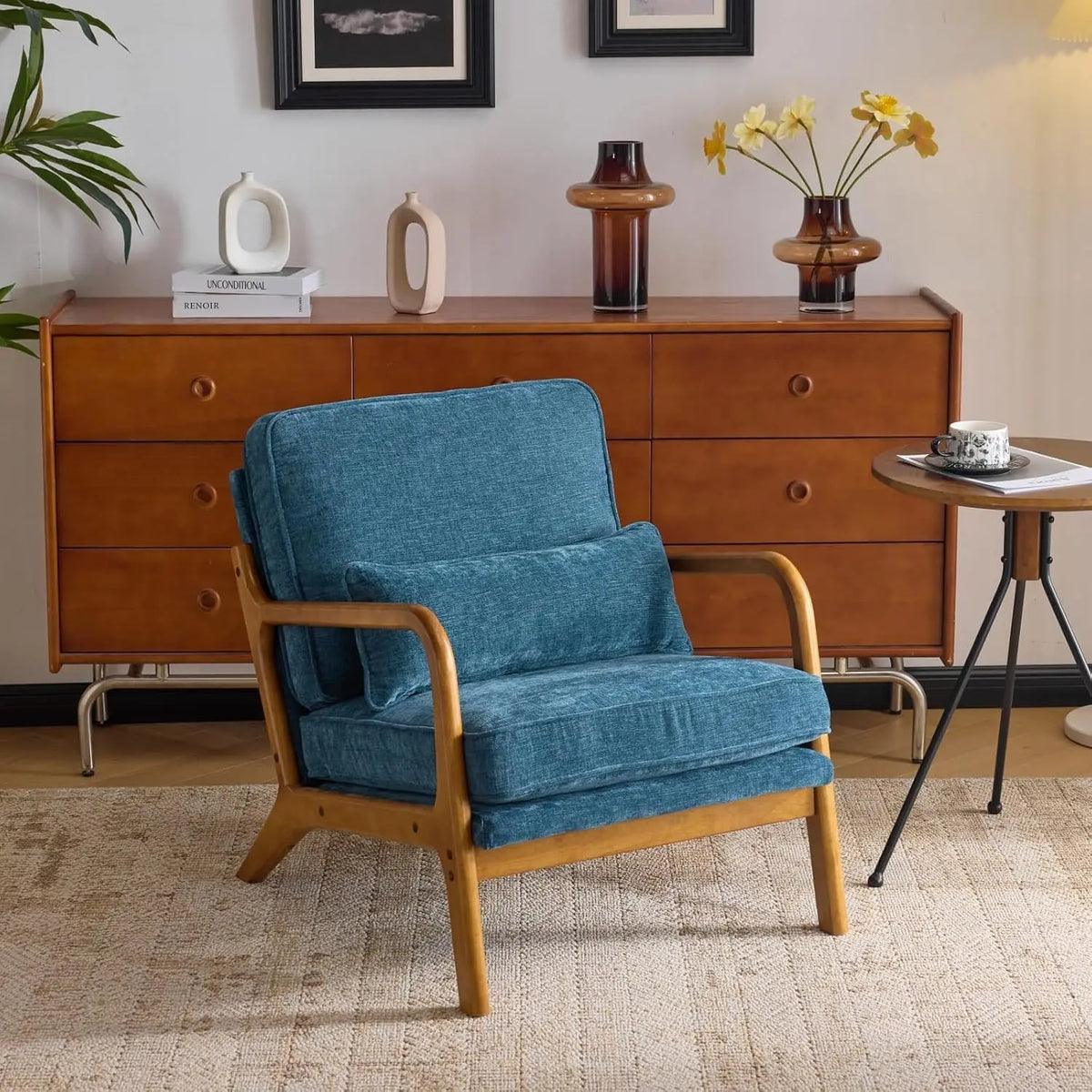 Valencia Collection | Sculptural Desert-Modern Chenille Accent Chair - detail view 19 revealing design nuance in a Mid-Century Modern living room setting.