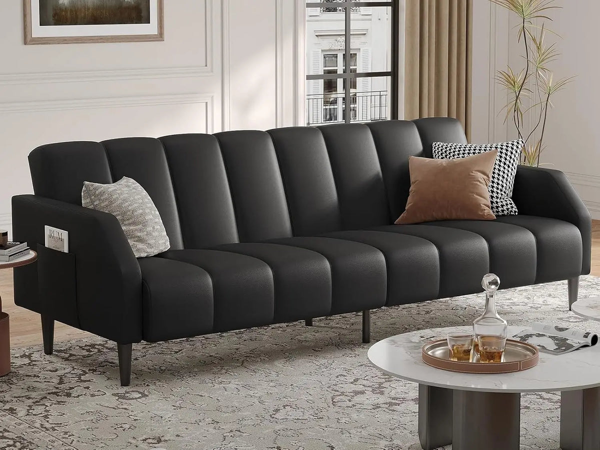 Belmont Collection | Streamlined Leather-Wrapped Convertible in Luxe Faux Leather - detail view 13 revealing design nuance in a Mid-Century Modern living room setting.