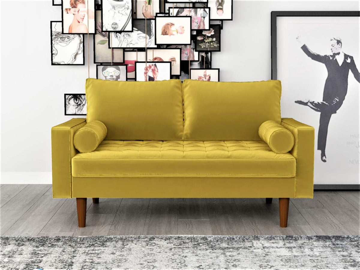 Womble Mid Century Modern Velvet Upholstered Tufted Seat with Bolster Pillows, Loveseat, Sofa, Goldenrod
