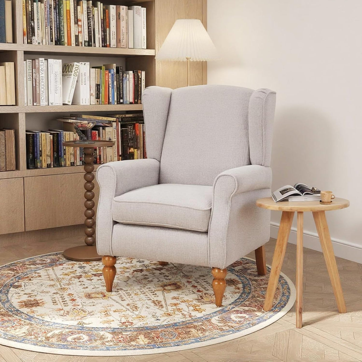 High Wingback Chairs with Table - Midcentury Modern Accent Chair for Living Room, Upholstered Armchair with Solid Legs, Light Grey Living Room Chairs for Living Room, Bedroom, Balcony
