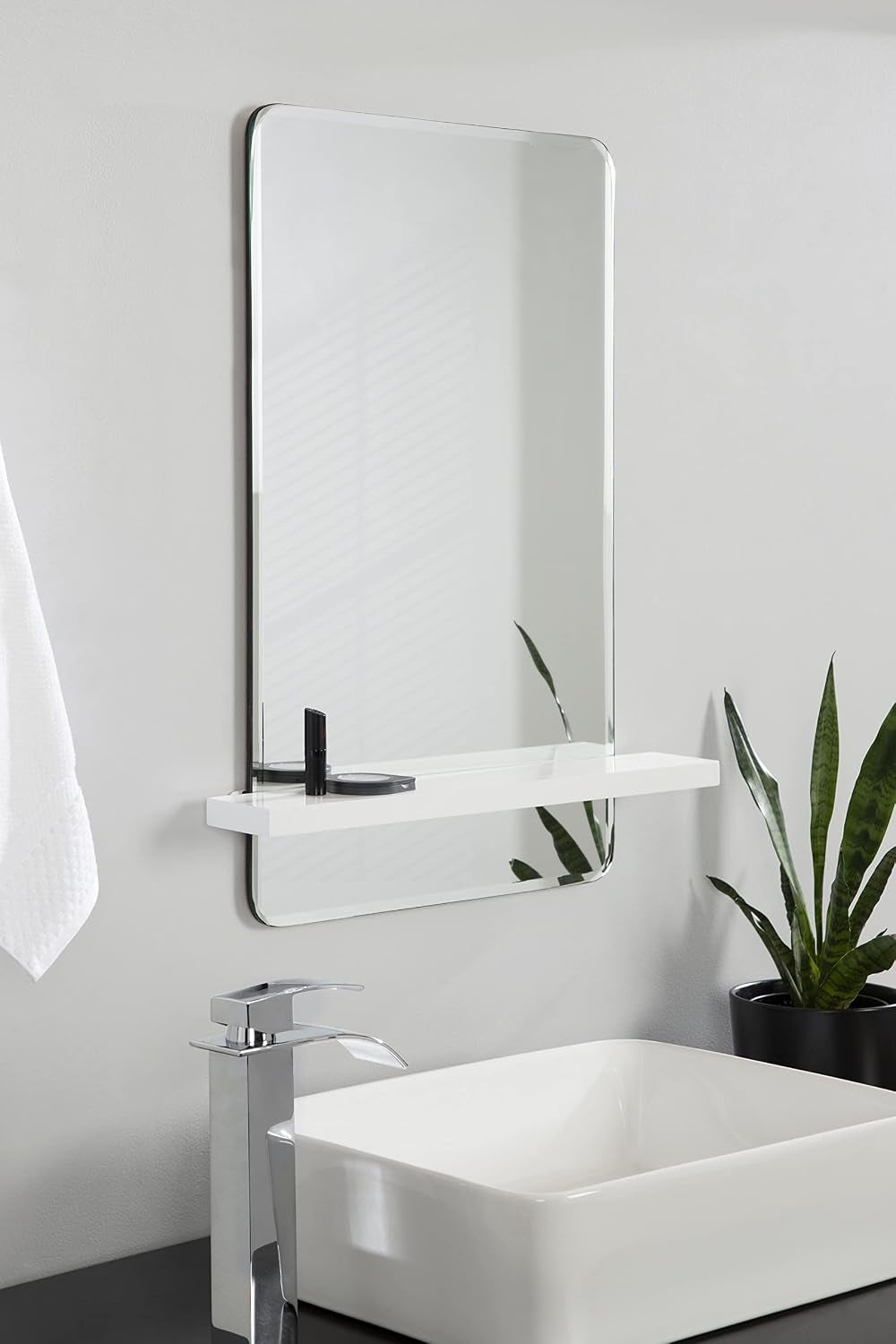 Fossett Frameless Rectangle Wall Mirror, 18 X 30, White, Decorative Functional Mirror with Shelf for Storage and Display