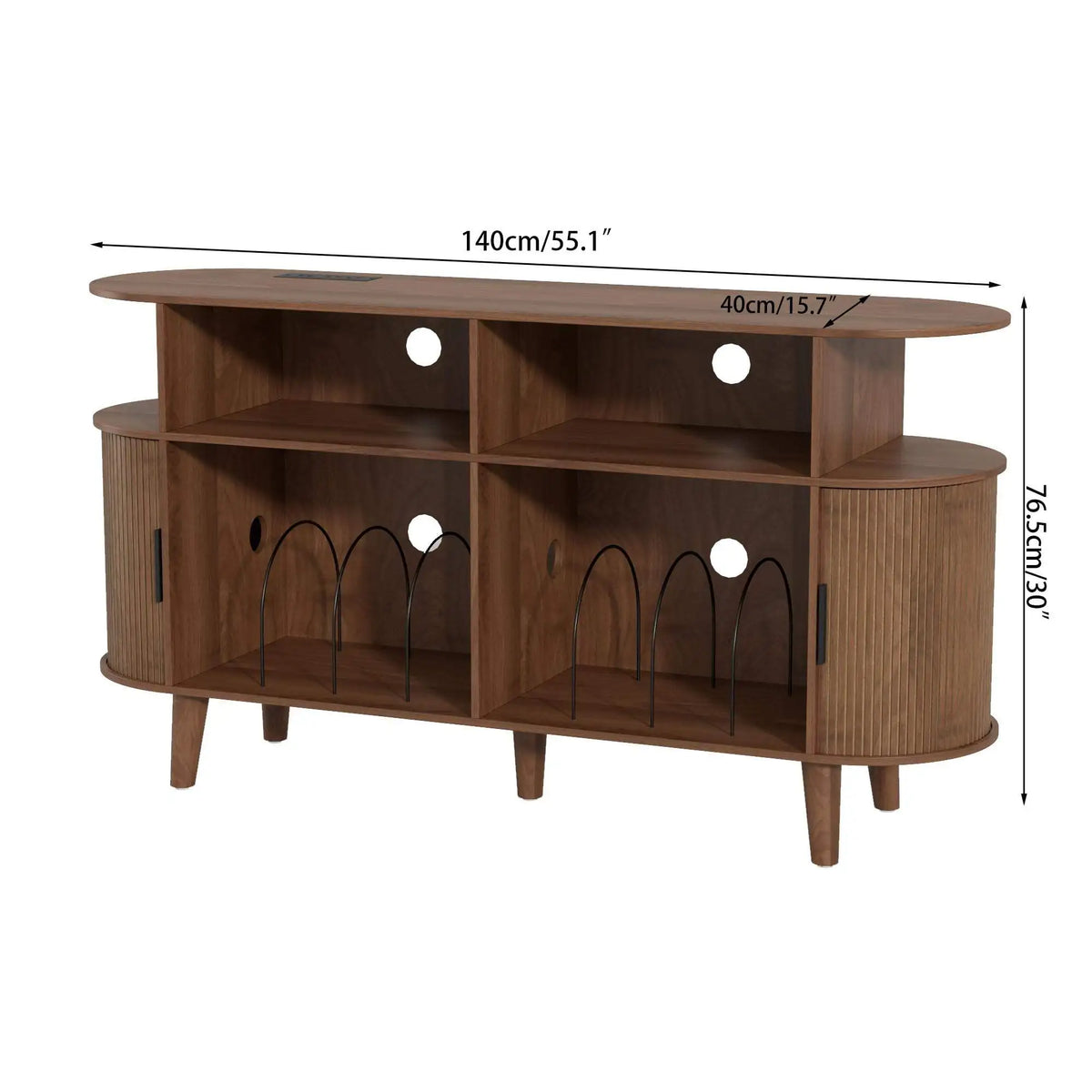 Ellington Collection | Gold-Trimmed Atomic-Era Walnut Record Console - framed in an editorial still-life composition in a Mid-Century Modern entryway setting.