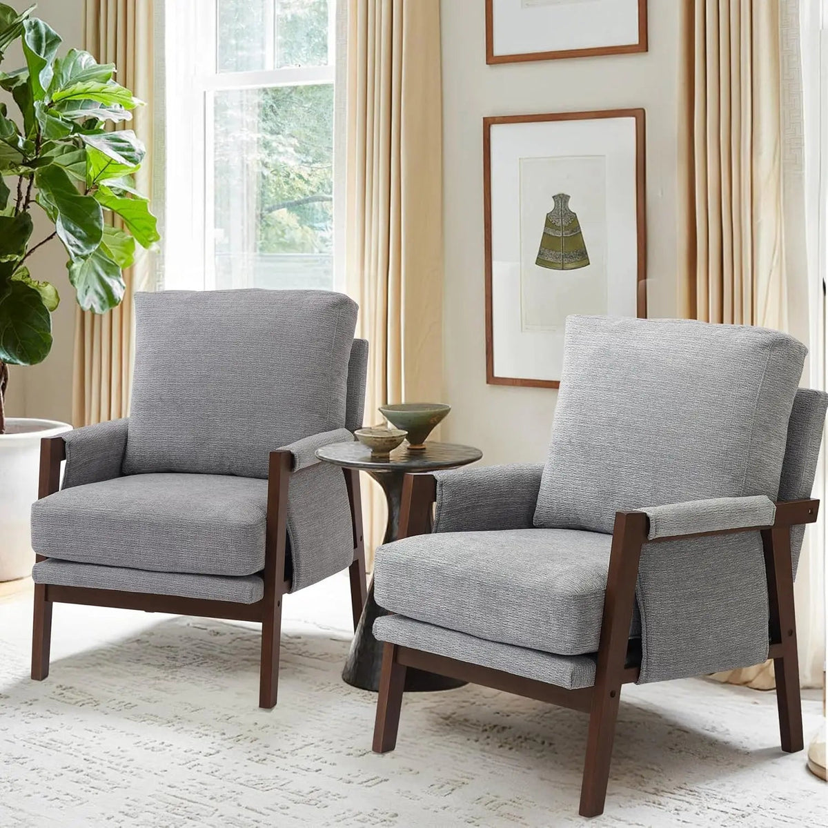 Ellington Collection | Tapered-Leg Brass-Accented Walnut & Brass Accent Chair - detail view 14 revealing design nuance in a Mid-Century Modern living room setting.