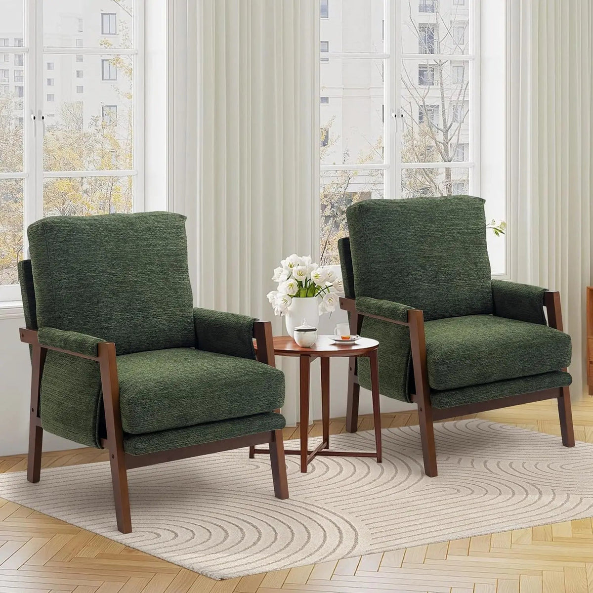 Ellington Collection | Tapered-Leg Brass-Accented Walnut & Brass Accent Chair - framed in an editorial still-life composition in a Mid-Century Modern living room setting.