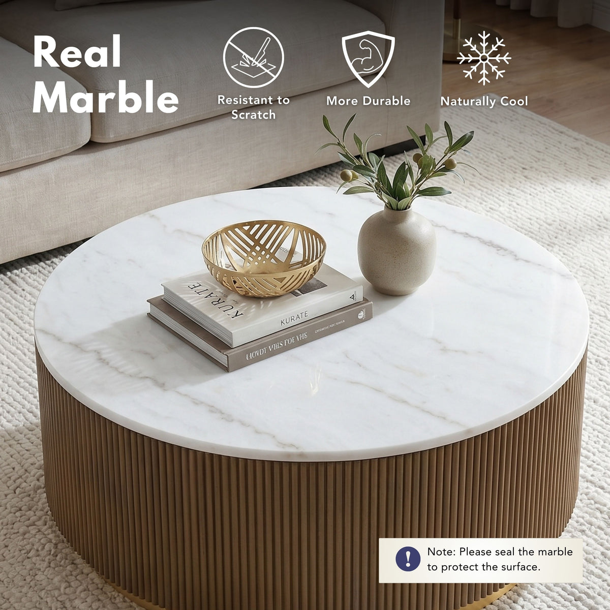 Torin Modern Genuine Marble Top round Coffee Table