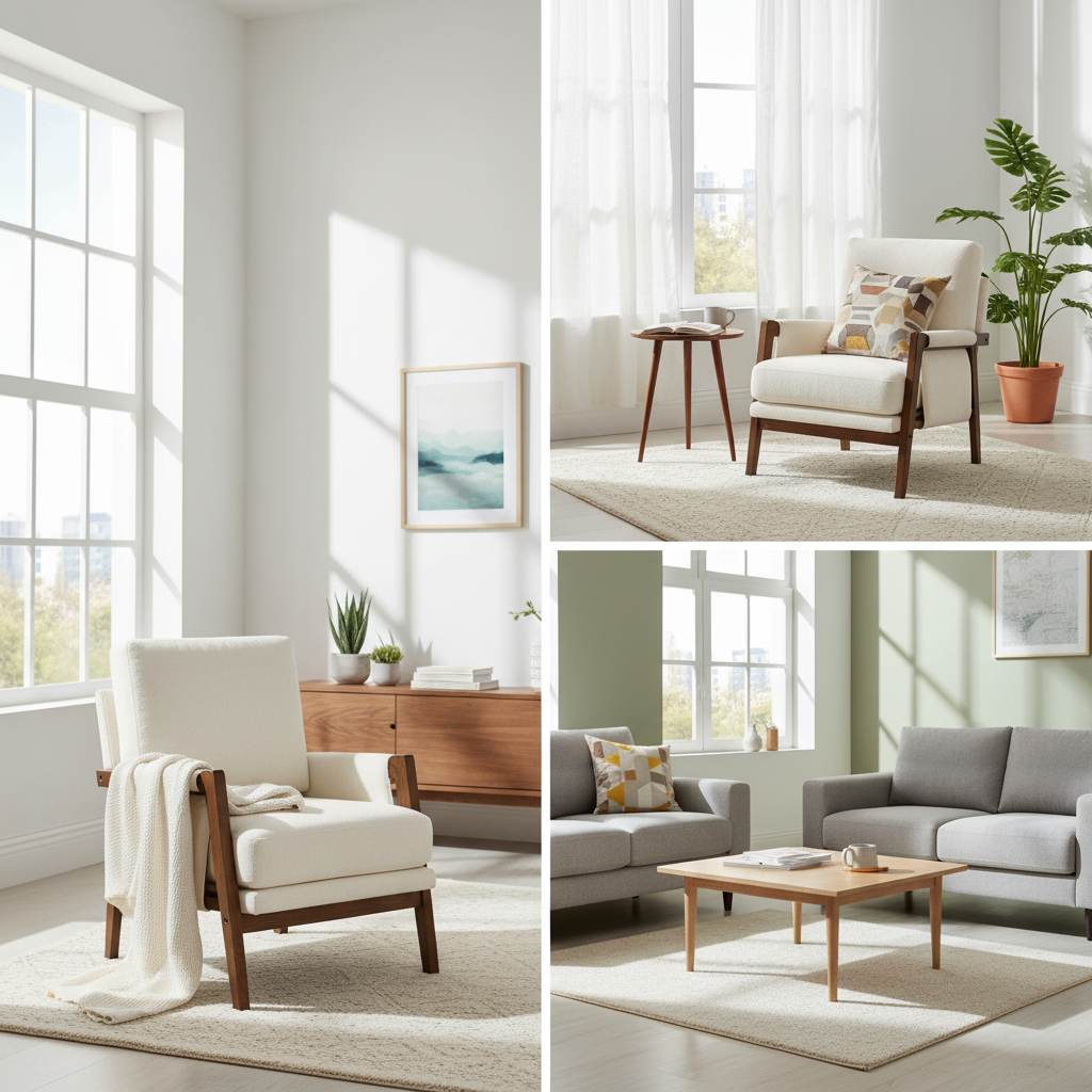 Ellington Collection | Tapered-Leg Brass-Accented Walnut & Brass Accent Chair - detail view 17 revealing design nuance in a Mid-Century Modern living room setting.