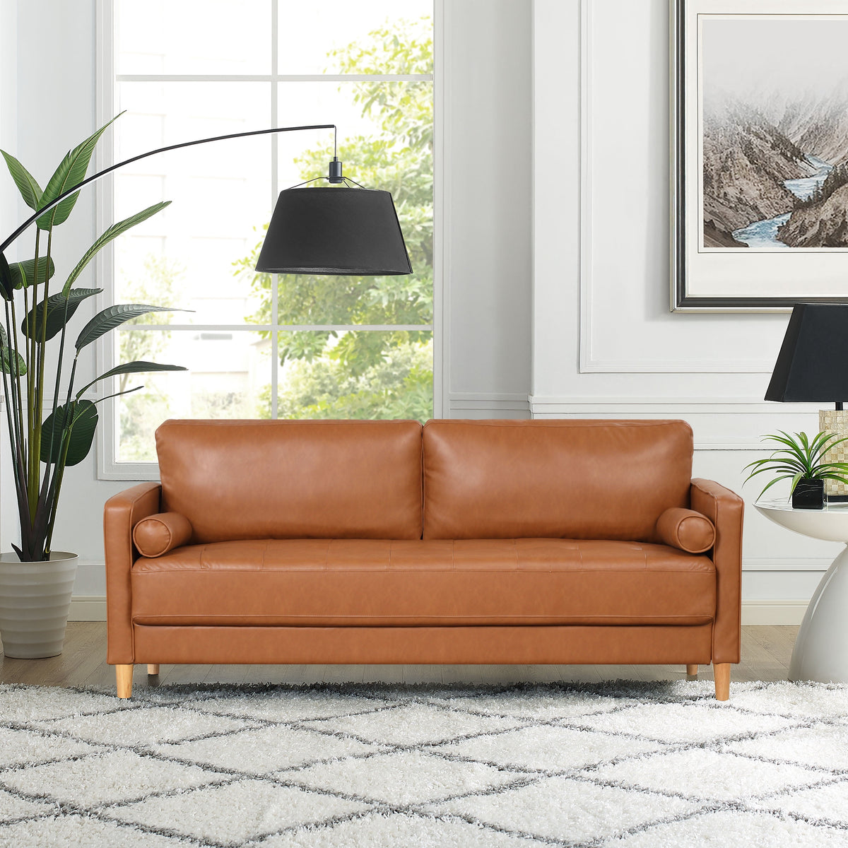 Lorelei Mid-Century Modern Sofa, Caramel Brown Faux Leather