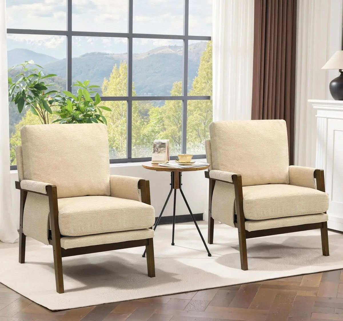 Ellington Collection | Tapered-Leg Brass-Accented Walnut & Brass Accent Chair - detail view 15 revealing design nuance in a Mid-Century Modern living room setting.