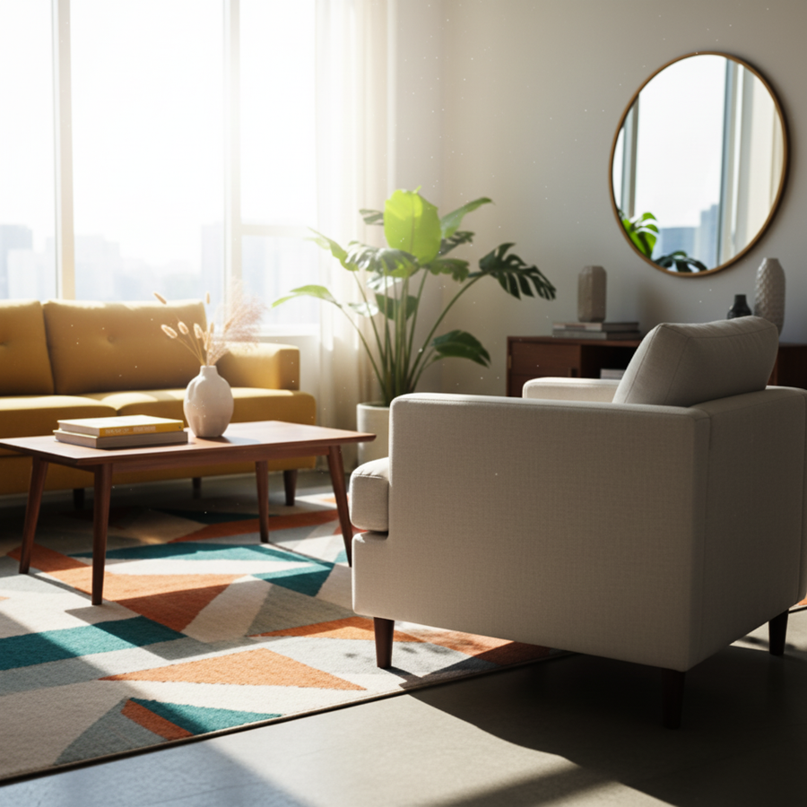 Belmont Collection | Geometric Curved Linen Accent Chair - highlighting material texture and craftsmanship detail in a Mid-Century Modern living room setting.