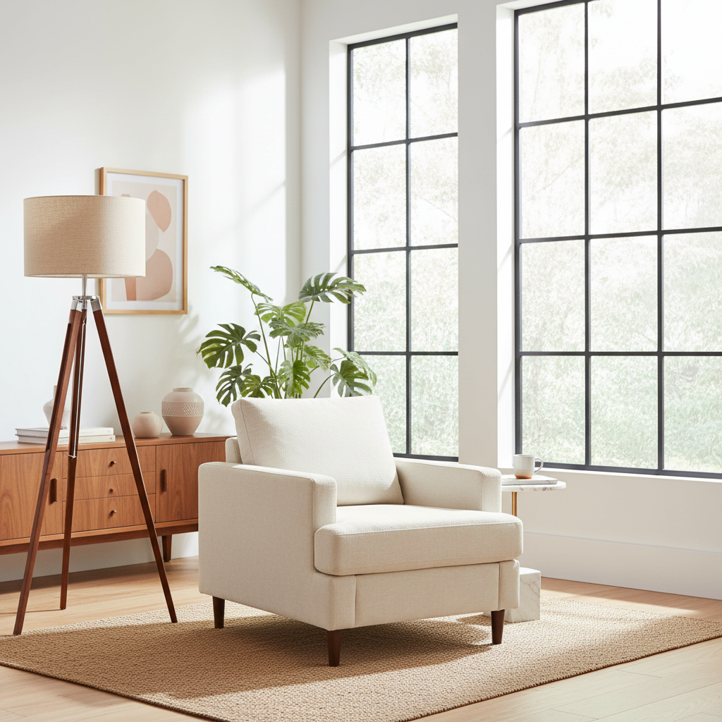 Belmont Collection | Geometric Curved Linen Accent Chair - revealing tonal warmth and surface patina under ambient light in a Mid-Century Modern living room setting.